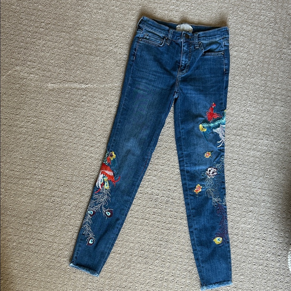 Free People Blue Embroidered Skinny Jeans